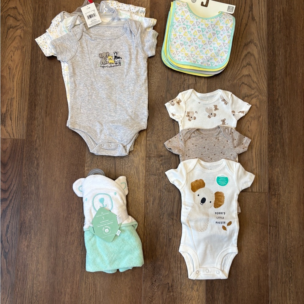 NWT Baby Onesies, Hooded Towel and Bibs